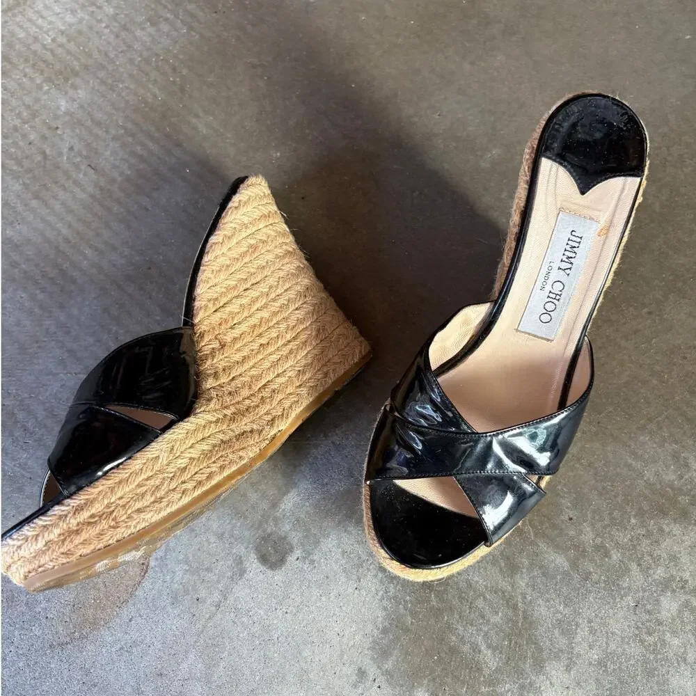 Jimmy Choo Black Patent Leather Espadrilles/ Sandals Italy 39
